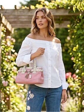 Beautiful on/off shoulder crisp white cotton blouse, French cuffs, size M